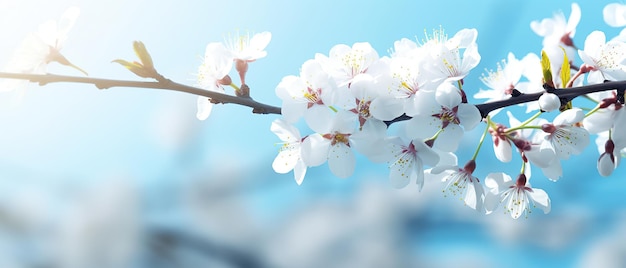 Branches of blossoming cherry macro with soft focus on gentle light blue sky background in sunlight