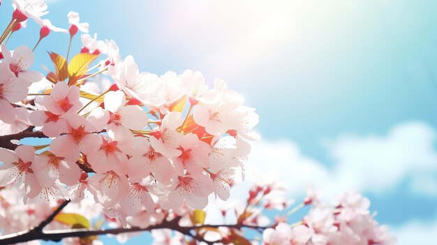 Branches of blossoming cherry macro with soft focus on gentle light blue sky background in sunlight