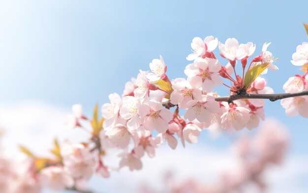 Branches of blossoming cherry macro with soft focus on gentle light blue sky background