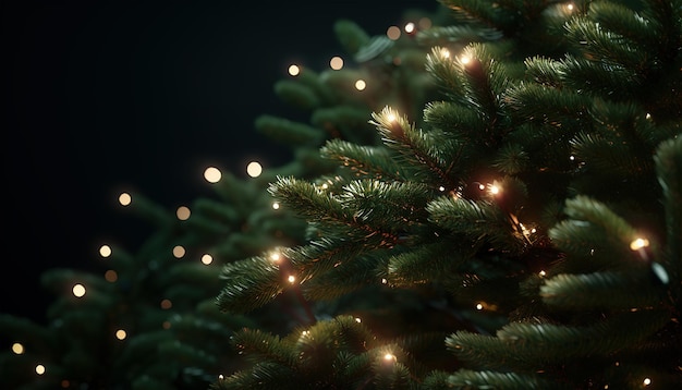 Branches of a Christmas tree with lights Generative AI