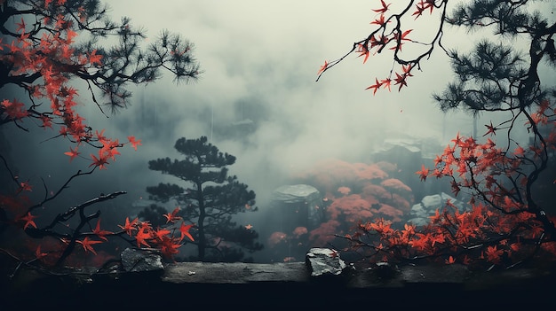 the branches and leaves of the Japanese red maple form an autumn text frame on a blurry cold blue background