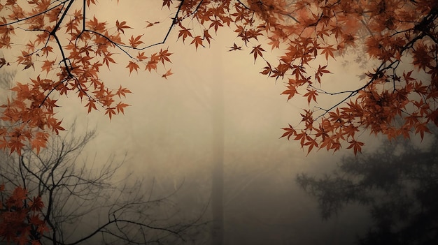 the branches and leaves of the Japanese red maple form an autumn text frame on a blurry cold blue background