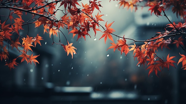 the branches and leaves of the Japanese red maple form an autumn text frame on a blurry cold blue background