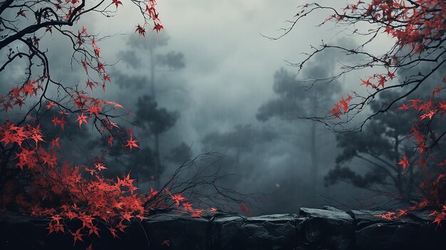 the branches and leaves of the Japanese red maple form an autumn text frame on a blurry cold blue background