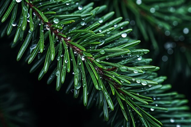 写真 branches of a spruce tree with dewdrops on the leaves