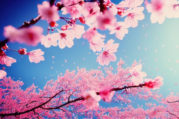 Branches of pink cherry blossoms against the blue sky 3D illustration