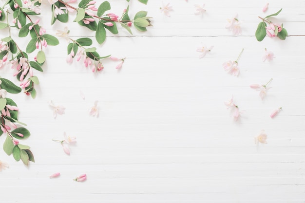 Branches of pink flowers on wooden background