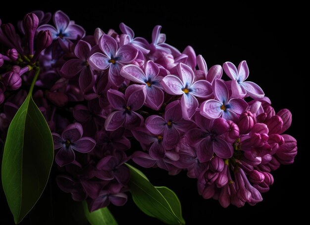 Branches of purple lilac on dark stone background Top view Copy for your text Image