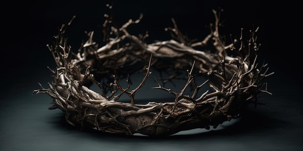 Деревянные ветви, вытканые в корону, изображающую распятие, бросающую тень королевской короны на темном фоне