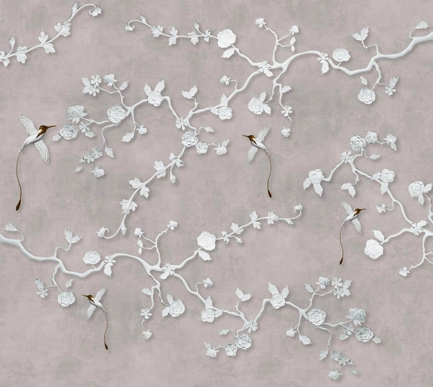 灰色のコンクリートの背景の壁に飾られた白いバラの枝