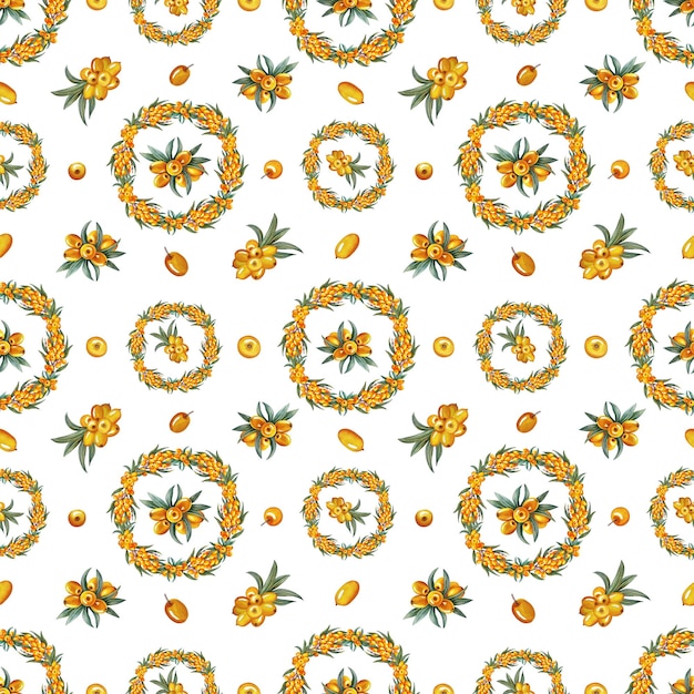 Branches with sea buckthorn berries Seamless pattern watercolor hand drawn illustration