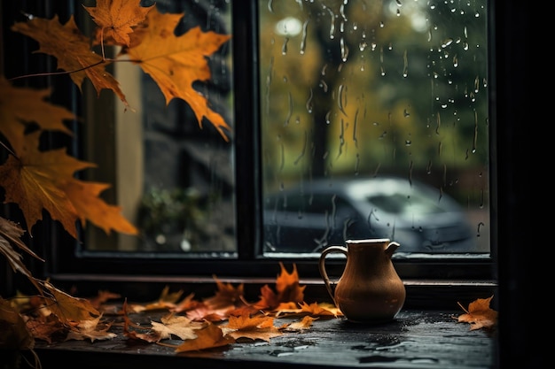Branches with yellow autumn leaves in a vase near the window with rain