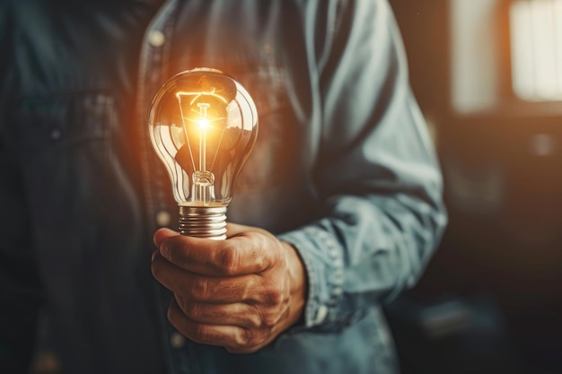 Brand idea concept with businessman holding light bulb retro toned image selective focus