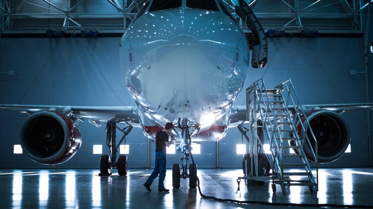 Photo brand new airplane standing in a aircraft maintenance hangar while aircraft maintenance engineer technician mechanic goes inside cabin via ladder ramp