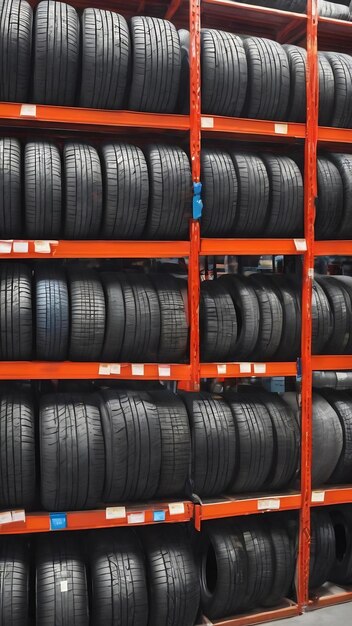 Brand new big variety of cars tyres on shelf with prices at store or warehouse