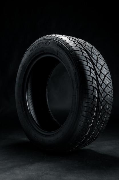 Brand new modern car tyre on a black background