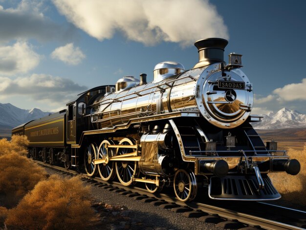 A brand new steam train made of silver gold