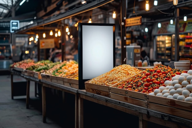 Brand presence Mock up poster or signboard on a blurred food market