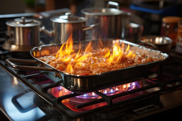 Foto brand vlam brander fornuis op de keuken professionele reclamefotografie