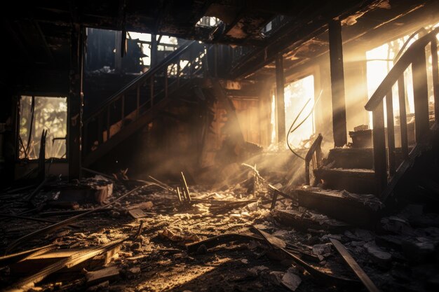 Foto brandbeschadigd gebouw met zonlicht