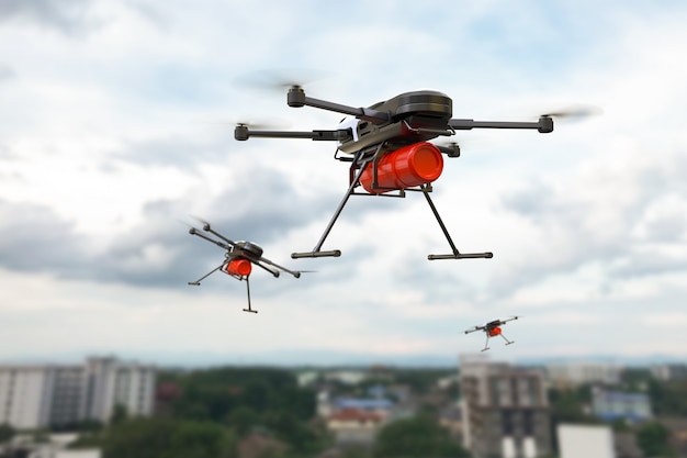 Brandbestrijding drone concept, brand blussen met drone. 3d illustratie