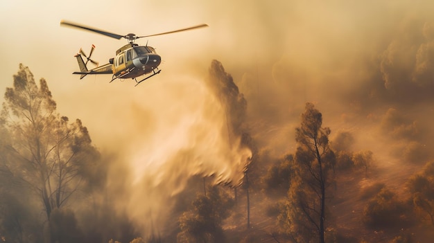 Brandbestrijdingshelikopter dragen wateremmer om de bosbrand te blussen