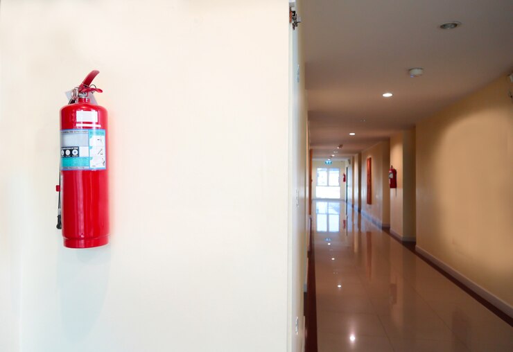 Brandblusser installeren voorzijde van de kamer. Veiligheid systeemconcept.