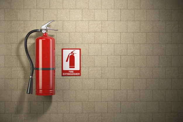 Brandblusser met noodbrandteken op de muurachtergrond