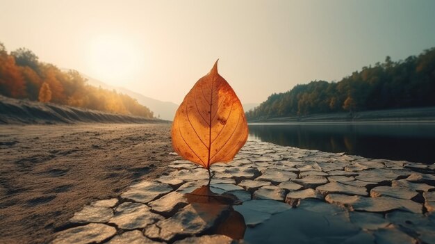 Foto brandend blad op gebarsten droog land klimaatverandering en opwarming van de aarde concept