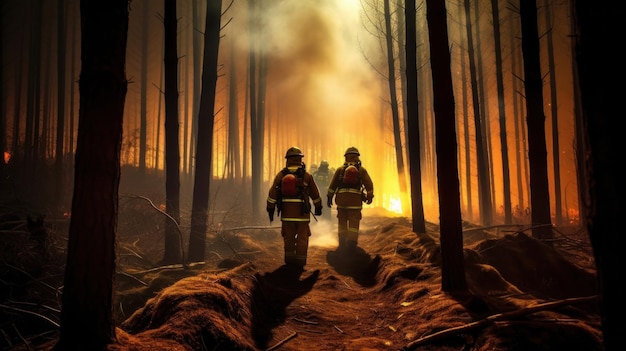 Brandend bos Brandweermannen maken zich klaar om te werken in het midden van een brandend bos