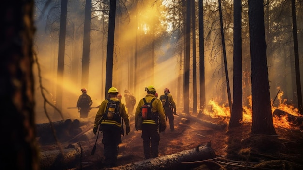 Brandend bos Brandweermannen maken zich klaar om te werken in het midden van een brandend bos