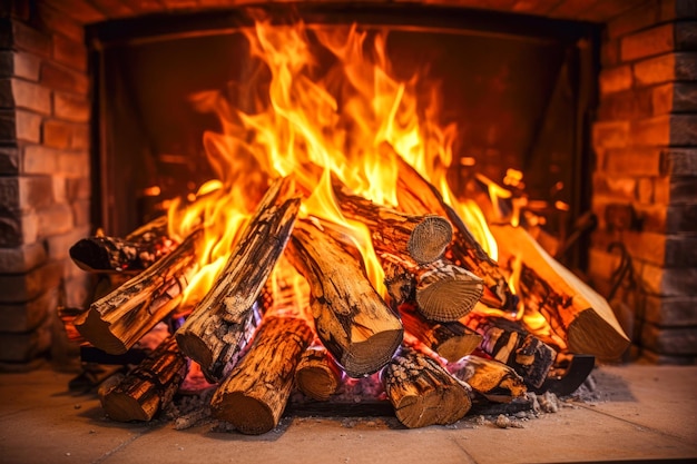 Foto brandend brandhout in de open haard thuis open haard met brandend brandhout