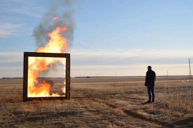 Foto brandend frame in een open veld een nieuwsgierige toeschouwer in de buurt