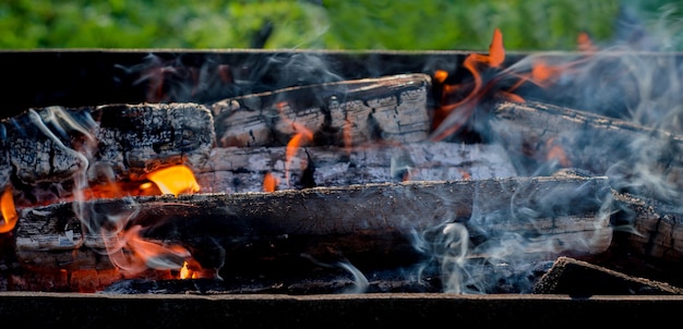 Brandend hout in een barbecuegrill. Open vuur, vlammen, rook van brandend brandhout in de natuur