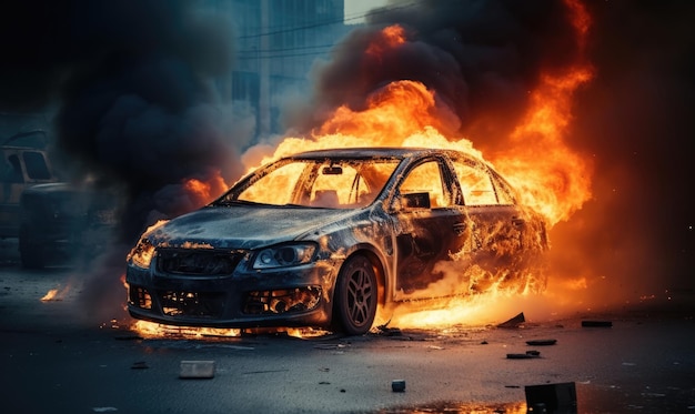 Brandende auto die dikke rook uitstraalt op straat Vurig rampvoertuig dat in vlammen opgaat AI generatief
