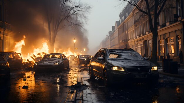 Foto brandende auto's in parijs na de regen