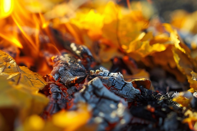 Brandende bladeren op de grond in het herfstbos Close-up