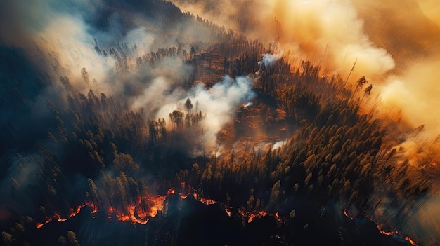 Brandende bomen van bosbranden en rook bedekken het landschap