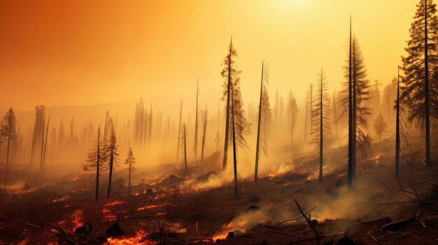 Brandende bomen van bosbranden en rook bedekken het landschap