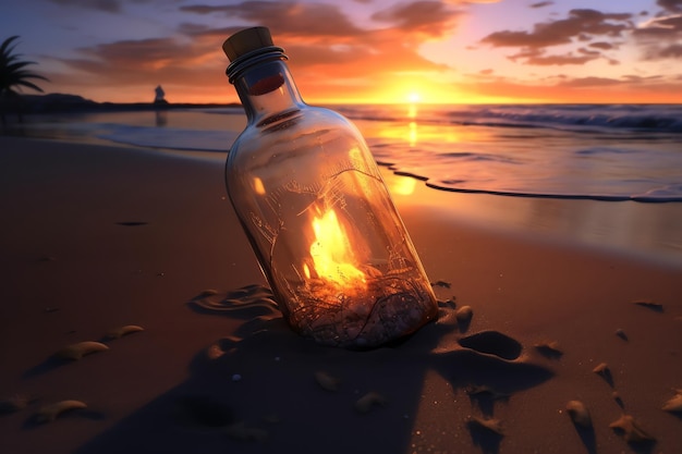 Brandende brief in een fles een romantisch gebaar gevangen