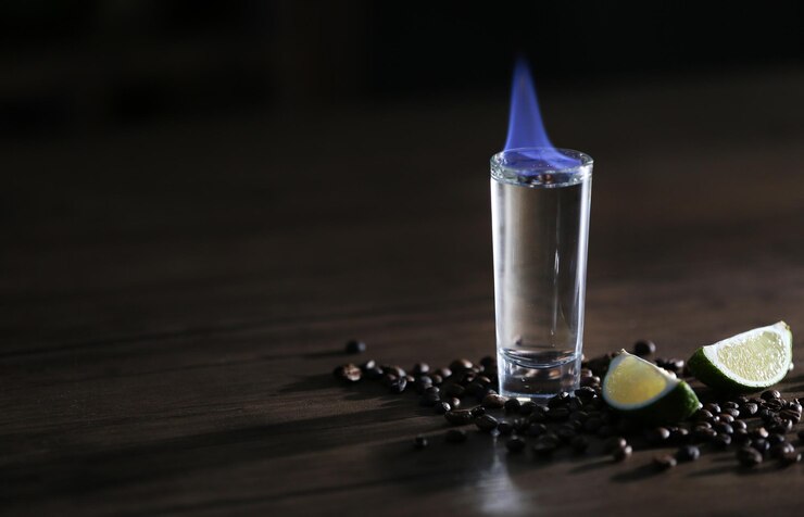 Foto brandende cocktail met limoen en koffiebonen op houten achtergrond