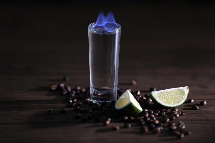 Foto brandende cocktail met limoen en koffiebonen op houten achtergrond