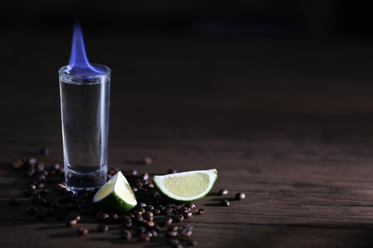 Foto brandende cocktail met limoen en koffiebonen op houten achtergrond