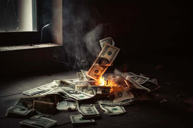Brandende dollarbiljetten op donkere achtergrond Bedrijfsconcept Selectieve focus geldverbranding AI gegenereerd