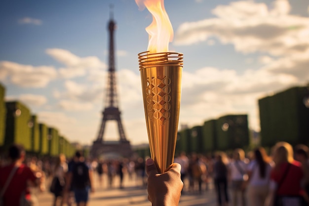 Brandende fakkel in de hand van een atleet als symbool van de Olympische Spelen in Parijs Frankrijk Eiffeltoren op de achtergrond Olympische Spellen 2024 vlam in Parijs