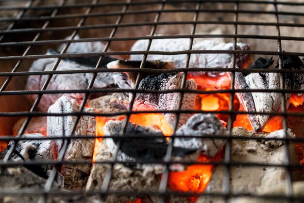 Brandende houtskool met vlam in de kleikachel met de metalen grille erop