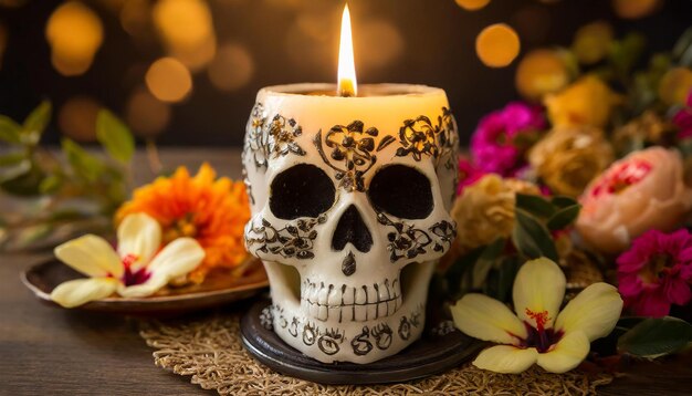 Brandende kaars in de vorm van een schedel en bloemen Cinco de mayo nationale Mexicaanse feestdag