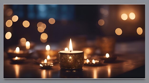 Foto brandende kaars op houten tafel met bokeh lichten op de achtergrond