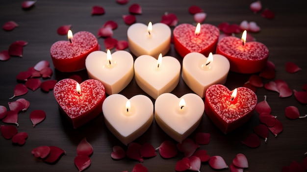Brandende kaarsen in de vorm van harten.