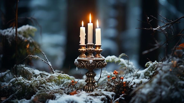 Brandende kaarsen in een winternacht bos